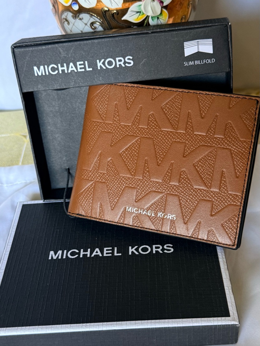 Michael Kors Brown Embossed MK Slim Billfold Card Holder